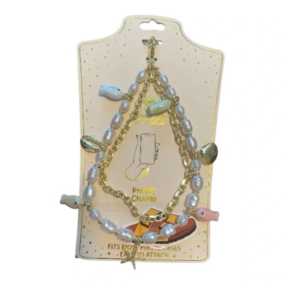 Eye Candy Los Angeles Gold and Pearl Phone Charm, Fish, Shells & Starfish, NWT